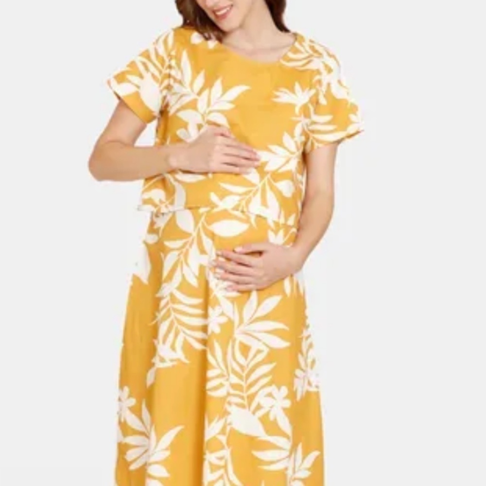 Old Navy Maternity Midi Dress Leaves print white/Marigold yellow mustard XXL
